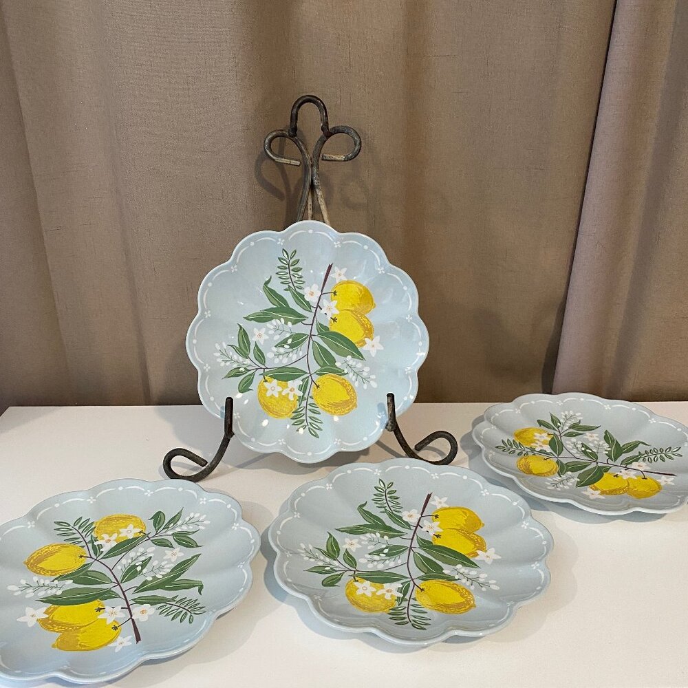 Laura Ashley set of 4 Melamine Plates Lemons Summer Garden Indoor Outdoor 9"NEW!